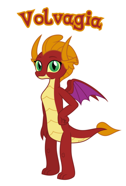 Size: 1499x2222 | Tagged: source needed, safe, anonymous artist, derpibooru import, oc, oc:volvagia, unofficial characters only, dragon, closed mouth, description is relevant, dragoness, eyebrows, eyelashes, female, g4, hand on hip, happy, horn, image, implied incest, incest, looking, looking at you, looking back, looking back at you, name, nostrils, offspring, parent:garble, parent:smolder, parents:smolble, png, product of incest, show accurate, simple background, smiling, smiling at you, solo, spread wings, standing, story included, teeth, text, transparent background, vector, wings