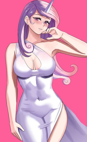 Size: 800x1297 | Tagged: safe, artist:tzc, derpibooru import, fleur-de-lis, human, blushing, boob window, breasts, busty fleur-de-lis, cleavage, female, horn, horned humanization, humanized, image, pink background, png, simple background, solo