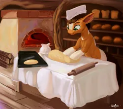Size: 3840x3400 | Tagged: safe, artist:winpuss, derpibooru import, oc, unofficial characters only, earth pony, pony, baking, bread, chef's hat, commission, dough, food, hat, image, jpeg, kneading, male, oven, rolling pin, solo, stallion