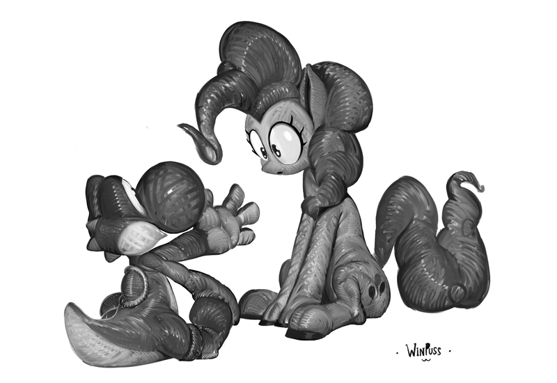 Size: 3852x2650 | Tagged: safe, artist:winpuss, derpibooru import, pinkie pie, dinosaur, earth pony, pony, yoshi, black and white, crossover, duo, female, g4, grayscale, image, jpeg, mare, monochrome, simple background, sitting, super mario bros., white background