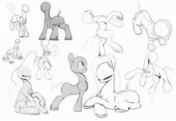 Size: 4096x2818 | Tagged: safe, artist:winpuss, derpibooru import, oc, unofficial characters only, earth pony, pony, black and white, butt, female, glasses, grayscale, image, jpeg, lying down, mare, monochrome, plot, prone, simple background, sitting, sketch, sketch dump, solo, white background