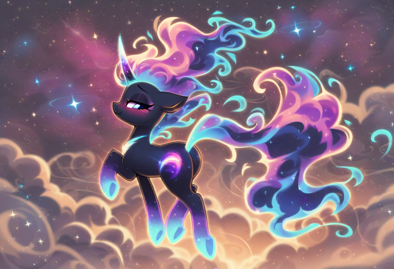 Size: 1216x832 | Tagged: prompter needed, safe, ai content, derpibooru import, machine learning generated, novelai, stable diffusion, oc, unofficial characters only, pony, unicorn, bedroom eyes, blushing, butt, cloud, ethereal mane, ethereal tail, female, floppy ears, full body, horn, image, mare, nebula, plot, png, seductive look, smiling, solo, stars, tail, underhoof, unicorn oc