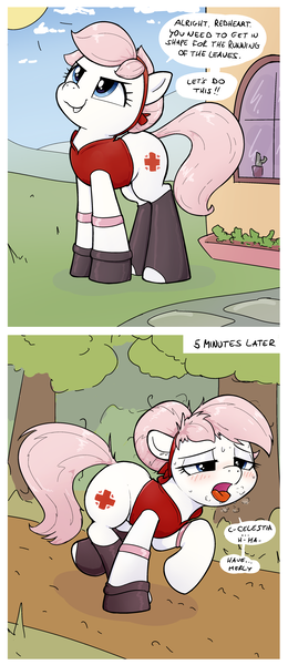 Size: 2396x5529 | Tagged: safe, artist:whiskeypanda, derpibooru import, nurse redheart, earth pony, pony, /mlp/, 2 panel comic, 4chan, armband, blushing, clothes, comic, confident, drawthread, drool, exercise, exhausted, female, forest, g4, hairband, haruno sakura, house, image, jacket, naruto, nature, open mouth, outdoors, panting, png, running, socks, solo, speech bubble, sunny day, sweat, talking to herself, tree