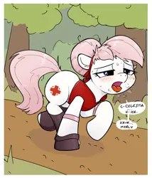 Size: 2396x2801 | Tagged: safe, alternate version, artist:whiskeypanda, derpibooru import, nurse redheart, /mlp/, 4chan, armband, blushing, clothes, comic, cropped, drawthread, drool, exercise, exhausted, female, forest, hairband, haruno sakura, image, jacket, naruto, nature, open mouth, outdoors, panting, png, running, socks, solo, speech bubble, sunny day, sweat, talking to herself, tree