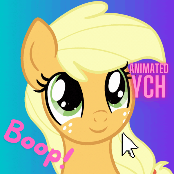 Size: 1080x1080 | Tagged: safe, artist:lannielona, derpibooru import, applejack, earth pony, pony, advertisement, animated, boop, bust, click, commission, cursor, cute, eye shimmer, female, freckles, gif, gradient background, image, jackabetes, mare, portrait, solo, sparkly eyes, wingding eyes, your character here