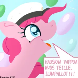Size: 1300x1300 | Tagged: safe, artist:lindasaurie, derpibooru import, pinkie pie, earth pony, pony, balloon, derpibooru exclusive, female, finland, finnish, g4, graduation cap, happy, hat, holiday, image, lineless, looking up, mare, open mouth, png, signature, sky background, solo, speech bubble, talking to objects, text, vappu