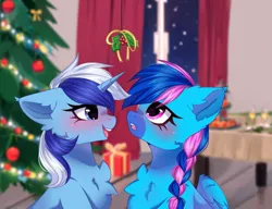 Size: 1280x984 | Tagged: safe, artist:arllistar, derpibooru import, minuette, oc, oc:laser shine, pegasus, pony, unicorn, blushing, braid, braided ponytail, canon x oc, chest fluff, christmas, christmas tree, commission, duo, duo female, ear fluff, facial markings, female, g4, holiday, holly, holly mistaken for mistletoe, horn, image, jpeg, lesbian, mare, mealy mouth (coat marking), ponytail, present, table, tree, unshorn fetlocks, ych result