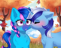 Size: 1280x1017 | Tagged: safe, artist:arllistar, derpibooru import, minuette, oc, oc:laser shine, pegasus, pony, unicorn, autumn, blushing, braid, braided ponytail, canon x oc, commission, duo, duo female, ear fluff, facial markings, falling leaves, female, g4, grass, horn, image, jpeg, kiss on the cheek, kissing, leaves, lesbian, mare, mealy mouth (coat marking), ponytail, unshorn fetlocks, ych result