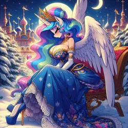 Size: 1024x1024 | Tagged: suggestive, ai content, derpibooru import, machine learning generated, princess celestia, banner, bench, big breasts, blushing, breasts, busty princess celestia, castle, cleavage, clothes, corset, evening gloves, eyes closed, generator:dall-e 3, gloves, high heels, image, jpeg, long gloves, moon, night, off shoulder, pine tree, platform heels, shoes, side view, sitting, snow, spread wings, stars, stupid sexy celestia, tree, wings