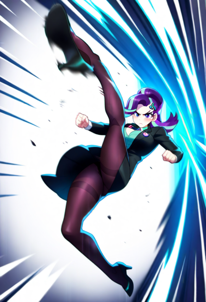 Size: 832x1216 | Tagged: prompter needed, suggestive, ai content, derpibooru import, machine learning generated, novelai, stable diffusion, starlight glimmer, human, equestria girls, breasts, business suit, cleavage, clothes, female, g4, high heels, high kick, image, kick, kicking, legs, martial arts, pantyhose, png, schrödinger's pantsu, shoes, skirt, suit, upskirt