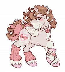 Size: 1699x1876 | Tagged: oc name needed, safe, artist:cocopudu, derpibooru import, oc, unofficial characters only, pegasus, pony, g2, blush sticker, blushing, bracelet, brown mane, brown tail, clothes, coat markings, collaboration, colored hooves, colored muzzle, colored wings, commission, curly mane, curly tail, eyelashes, eyeshadow, facial markings, female, flower, flower in hair, flower in tail, folded wings, image, jewelry, jpeg, leg warmers, lidded eyes, makeup, mare, mealy mouth (coat marking), necklace, passepartout, pearl bracelet, pearl necklace, pegasus oc, pink coat, ponytail, profile, raised hoof, signature, simple background, smiling, socks (coat marking), solo, standing, starry eyes, tail, tail bun, teal eyes, tied mane, tied tail, turned head, two toned mane, two toned tail, unshorn fetlocks, white background, wingding eyes, wings