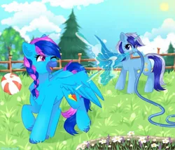 Size: 1280x1102 | Tagged: safe, artist:arllistar, derpibooru import, minuette, oc, oc:laser shine, pegasus, pony, unicorn, beach ball, braid, braided ponytail, canon x oc, commission, duo, duo female, ear fluff, facial markings, female, fence, flower, g4, grass, horn, hose, image, jpeg, lesbian, mare, mealy mouth (coat marking), mouth hold, ponytail, sky, splashing, unshorn fetlocks, water, ych result