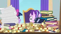 Size: 1261x715 | Tagged: safe, derpibooru import, screencap, starlight glimmer, twilight sparkle, twilight sparkle (alicorn), alicorn, a matter of principals, book, chair, duo, duo female, female, g4, image, magic, png, school of friendship, scroll, table, twilight's office