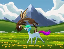 Size: 2248x1728 | Tagged: safe, artist:horselamp, derpibooru import, oc, oc:lampy, oc:municorn, unofficial characters only, bat pony, unicorn, bat pony oc, bat wings, dandelion, flying, grass, grass field, horn, image, meadow, mountain, png, spread wings, unicorn oc, wings