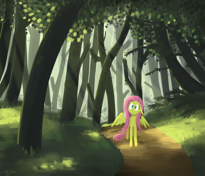 Size: 2122x1819 | Tagged: safe, artist:horselamp, derpibooru import, fluttershy, pegasus, forest, image, nature, png, solo, tree