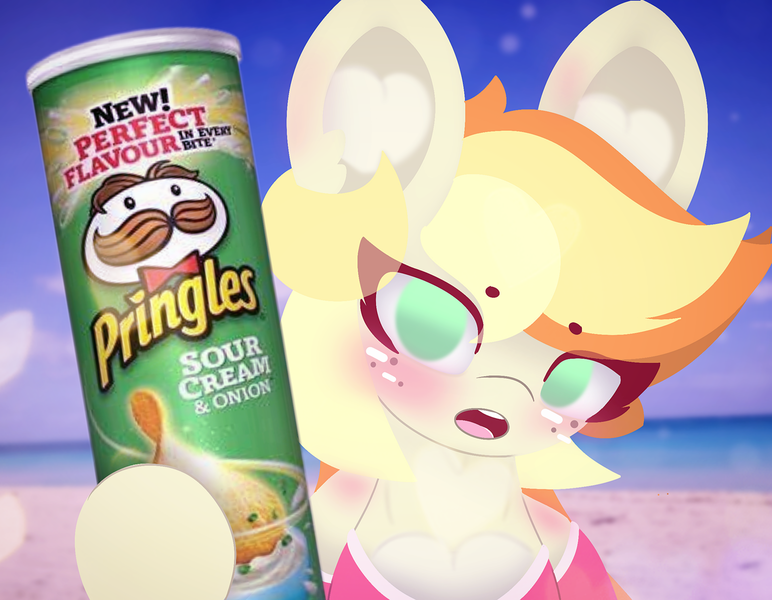 Size: 4096x3185 | Tagged: safe, artist:sodapop sprays, derpibooru import, oc, oc:sodapop sprays, pegasus, pony, beach, blushing, chips, clothes, ear fluff, eye clipping through hair, food, happy, hawaii, image, looking at you, meme, png, potato chips, pran of cingles, pringles, shirt, solo