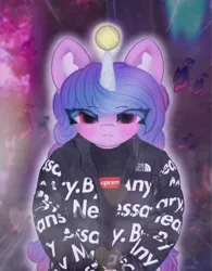 Size: 4096x5264 | Tagged: safe, artist:sodapop sprays, derpibooru import, izzy moonbow, oc, pony, unicorn, g5, ball, drip jacket, ear fluff, eye clipping through hair, forest, horn, hornball, image, izzy's tennis ball, looking at you, meme, nature, png, rizzy moonbow, solo, supreme, tennis ball, tree