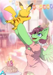 Size: 777x1098 | Tagged: safe, artist:arctic-fox, derpibooru import, oc, oc:watermelon success, unofficial characters only, pegasus, pikachu, semi-anthro, birthday, birthday cake, butt, cake, food, image, jpeg, pegasus oc, plot, pokémon, wings