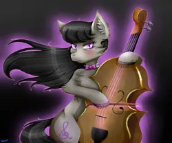 Size: 1280x1067 | Tagged: safe, artist:starblossom15, derpibooru import, octavia melody, earth pony, pony, semi-anthro, bipedal, blushing, bow (instrument), bowtie, cello, cello bow, colored hooves, colored pinnae, crying, eyebrows, eyebrows visible through hair, eyelashes, female, flowing mane, fluffy, g4, gradient background, hoof hold, hoof polish, image, jpeg, lidded eyes, looking at something, mare, musical instrument, outline, shiny hooves, signature, solo