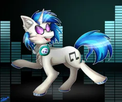 Size: 1280x1067 | Tagged: safe, artist:starblossom15, derpibooru import, vinyl scratch, pony, unicorn, blush lines, blushing, colored hooves, colored pinnae, equalizer, female, fluffy, g4, glasses, gradient background, hoof polish, horn, image, jpeg, mare, open mouth, open smile, outline, raised hoof, shiny hooves, signature, smiling, solo, trotting, turned head, vinyl's glasses