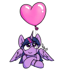 Size: 570x684 | Tagged: safe, artist:ponballoon, derpibooru import, twilight sparkle, twilight sparkle (alicorn), alicorn, balloon, front view, heart, heart balloon, image, looking up, lying down, png, simple background, solo, transparent background