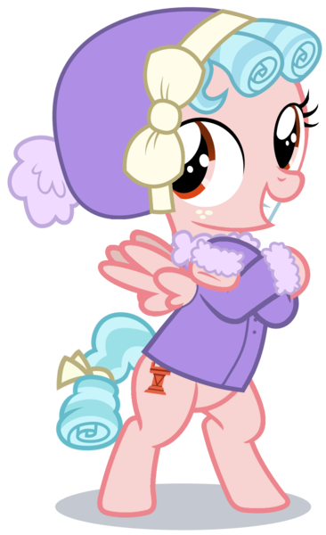 Size: 932x1529 | Tagged: safe, anonymous editor, derpibooru import, edit, cozy glow, pegasus, pony, clothes, crossed hooves, female, filly, foal, g4, grin, image, png, simple background, smiling, solo, transparent background, winter outfit