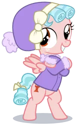 Size: 932x1529 | Tagged: safe, anonymous editor, derpibooru import, edit, cozy glow, pegasus, pony, clothes, crossed hooves, female, filly, foal, g4, grin, image, png, simple background, smiling, solo, transparent background, winter outfit
