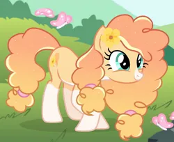 Size: 1493x1220 | Tagged: safe, artist:cstrawberrymilk, derpibooru import, oc, oc:sunrise butter, butterfly, earth pony, insect, pony, female, image, jpeg, mare, show accurate, solo