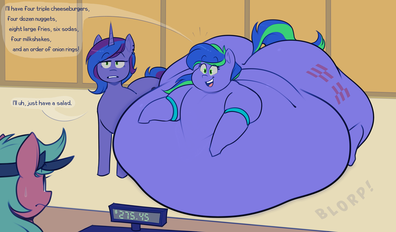 Size: 3000x1760 | Tagged: suggestive, artist:polofastter, artist:secretgoombaman12345, derpibooru import, oc, oc:blue monday, oc:felicity stars, unnamed oc, unofficial characters only, pegasus, pony, unicorn, belly, belly bed, big belly, butt, dialogue, fast food, fat, food, horn, huge belly, huge butt, image, immobile, impossibly large belly, impossibly large butt, impossibly obese, large butt, morbidly obese, obese, png, the ass was fat