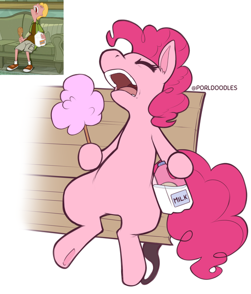 Size: 3095x3625 | Tagged: safe, artist:porldraws, derpibooru import, pinkie pie, earth pony, pony, bench, image, meme, phineas and ferb, png, reference used, simple background, sleeping, snoring, solo