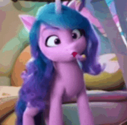 Size: 322x316 | Tagged: safe, derpibooru import, screencap, izzy moonbow, pony, unicorn, g5, my little pony: make your mark, spoiler:g5, spoiler:my little pony: make your mark, spoiler:my little pony: make your mark chapter 4, spoiler:mymc04e07, animated, bedroom, blowing, crystal brighthouse, cute, female, gif, horn, image, izzy is best facemaker, izzybetes, mare, missing the mark, my little pony: make your mark chapter 4
