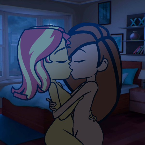 Size: 1000x1000 | Tagged: questionable, derpibooru import, sunset shimmer, equestria girls, crossover, crossover shipping, female, g4, image, kim possible, kimshim, kissing, lesbian, nudity, png, shipping