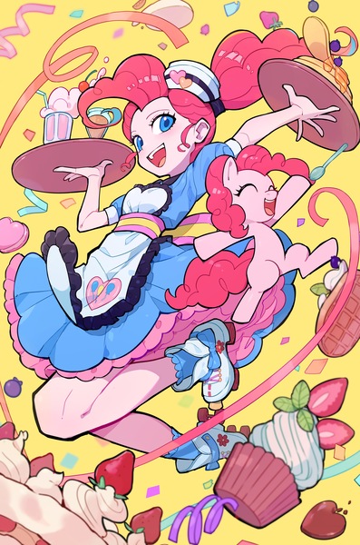 Size: 3672x5556 | Tagged: safe, artist:nainaier007, derpibooru import, pinkie pie, human, equestria girls, apron, cake, candy, clothes, confetti, cupcake, dress, drink, eyes closed, food, g4, hat, heart, image, jpeg, milkshake, open mouth, pancakes, self paradox, self ponidox, shoes, simple background, sneakers, strawberry, streamers, tray, waffle, yellow background