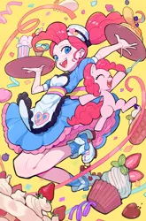 Size: 3672x5556 | Tagged: safe, artist:nainaier007, derpibooru import, pinkie pie, human, equestria girls, apron, cake, candy, clothes, confetti, cupcake, dress, drink, eyes closed, food, g4, hat, heart, image, jpeg, milkshake, open mouth, pancakes, self paradox, self ponidox, shoes, simple background, sneakers, strawberry, streamers, tray, waffle, yellow background