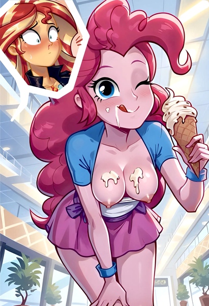 Size: 1664x2432 | Tagged: questionable, ai content, derpibooru import, edit, machine learning assisted, machine learning generated, prompter:sunshimm supremacy, stable diffusion, pinkie pie, sunset shimmer, human, equestria girls, blood, blushing, breasts, clothes, female, food, g4, generator:pony diffusion v6 xl, ice cream, ice cream cone, image, jpeg, leaning forward, lesbian, licking, licking lips, mall, miniskirt, nipples, nosebleed, nudity, one eye closed, shipping, skirt, tongue out, wink