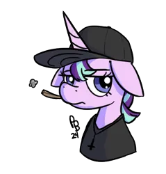 Size: 439x460 | Tagged: safe, artist:ponballoon, derpibooru import, starlight glimmer, unicorn, cap, clothes, drugs, hat, horn, image, joint, marijuana, png, shirt, simple background, solo, t-shirt, transparent background