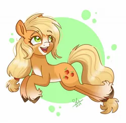 Size: 1250x1227 | Tagged: safe, artist:galaxy swirl, derpibooru import, applejack, earth pony, pony, abstract background, alternate design, blaze (coat marking), circle background, coat markings, eyebrows, eyebrows visible through hair, facial markings, female, freckles, g4, hairband, image, jpeg, mare, open mouth, open smile, pale belly, smiling, solo, unshorn fetlocks
