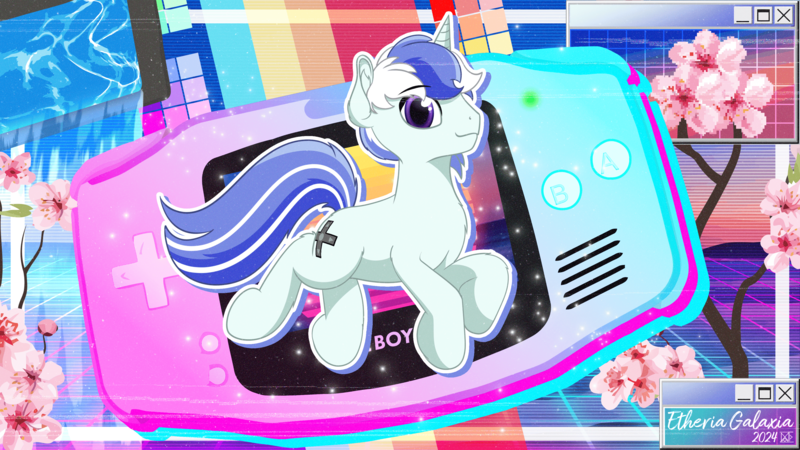 Size: 3840x2160 | Tagged: safe, artist:etheria galaxia, derpibooru import, oc, oc:scratch wub, unofficial characters only, pony, unicorn, aesthetics, gameboy advance, hand held console, horn, image, male, png, retro, solo, stallion, unicorn oc