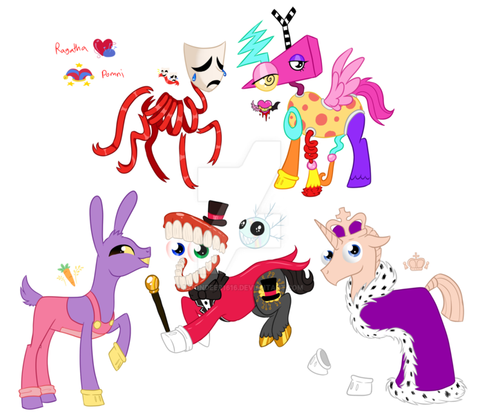 Size: 1920x1664 | Tagged: safe, artist:moondeer1616, derpibooru import, earth pony, original species, pegasus, unicorn, bubble (tadc), caine (tadc), clothes, crown, crying, cutie mark, deviantart watermark, gangle, gloves, horn, image, jax (tadc), jewelry, kinger, mask, obtrusive watermark, png, raised hoof, regalia, ribbon, simple background, tail, teeth, the amazing digital circus, transparent background, watermark, zooble