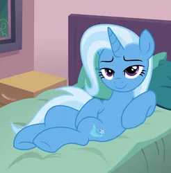 Size: 2374x2410 | Tagged: safe, artist:shieldwingarmorofgod, derpibooru import, trixie, pony, unicorn, bed, bedroom, bedroom eyes, g4, horn, image, png, smiling, solo, stupid sexy trixie, sultry pose
