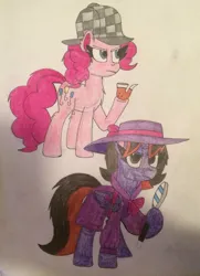 Size: 761x1050 | Tagged: safe, artist:mlptmntfan2000, derpibooru import, pinkie pie, oc, oc:princess kincade, alicorn, earth pony, pony, clothes, deerstalker, detective, fedora, female, hat, image, jpeg, pipe, sherlock holmes, sherlock pie, sketch, trenchcoat