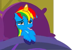 Size: 1048x720 | Tagged: safe, artist:shieldwingarmorofgod, derpibooru import, oc, oc:shield wing, unofficial characters only, alicorn, bed, blanket, image, male, pillow, png, sick, simple background, thermometer, transparent background