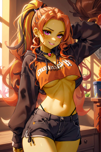 Size: 1024x1536 | Tagged: suggestive, ai content, derpibooru import, editor:masterdarhil, machine learning generated, adagio dazzle, equestria girls, arm behind head, belly button, bikini, bikini bottom, breasts, busty adagio dazzle, choker, clothes, cropped hoodie, ear piercing, earring, female, g4, gem, hoodie, image, indoors, jewelry, jpeg, lipstick, long hair, looking at you, midriff, necklace, photoshop, piercing, ponytail, prompter:sammykun, recolor, seductive, seductive look, seductive pose, sexy, shorts, siren gem, slender, smiling, smiling at you, solo, spikes, stupid sexy adagio dazzle, sultry, sultry pose, swimsuit, thighs, thin, underboob, window