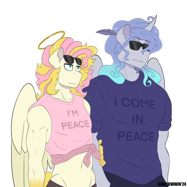 Size: 2048x2048 | Tagged: suggestive, artist:shallowwin, derpibooru import, oc, oc:exist, oc:prince plushy soft, alicorn, hippogriff, hybrid, pony, alicorn oc, beard, clothes, commission, cute, duo, duo male, facial hair, feather, funny, gay, gradient mane, griffequus, halo, horn, image, implied creampie, implied cum, jpeg, lidded eyes, long hair, male, male alicorn, male alicorn oc, oc x oc, shipping, shirt, short shirt, simple background, stallion, sunglasses, white background, wings, ych result