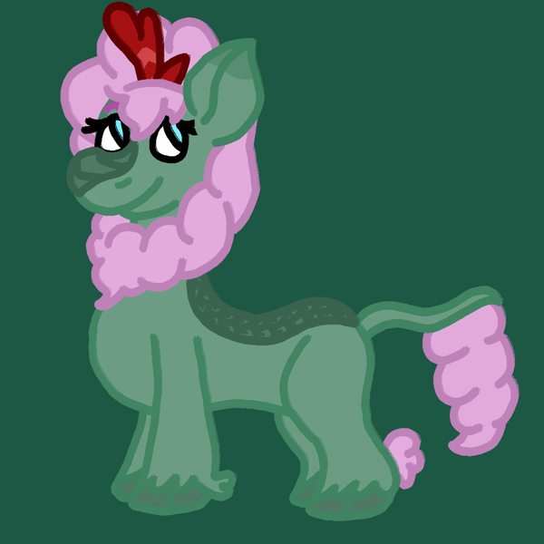 Size: 1100x1100 | Tagged: safe, artist:mintwhistle, derpibooru import, oc, oc:clover meadows, unofficial characters only, kirin, bat and kirin day, cloven hooves, colored hooves, dark green background, female, green background, horn, image, kirin oc, looking back, medibang paint, no pupils, png, scales, simple background, smiling, solo, tail, unshorn fetlocks
