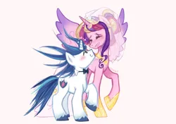 Size: 2048x1444 | Tagged: safe, artist:rosekki, derpibooru import, princess cadance, shining armor, alicorn, pony, unicorn, blush lines, blushing, bowtie, clothes, dress, eyes closed, female, g4, height difference, horn, image, looking at each other, looking at someone, male, mare, meme, png, ship:shiningcadance, shipping, simple background, smiling, smiling at each other, stallion, straight, the bride and the ugly ass groom, veil, wedding dress, wedding veil, white background