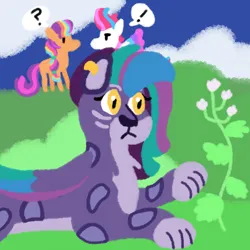 Size: 1200x1200 | Tagged: safe, artist:mintwhistle, derpibooru import, sunny starscout, zipp storm, big cat, earth pony, leopard, pegasus, pony, snow leopard, g5, :<, allura, aq bars, braid, bush, catnip, cloud, colored wings, conversation, distracted, dot eyes, exclamation point, female, focused, folded wings, hiding, image, interested, lineless, looking at each other, looking at someone, looking at something, mane stripe sunny, mare, medibang paint, multicolored wings, no mouth, png, question mark, speech bubble, spread wings, trio, trio female, unaware, winged big cat, wings