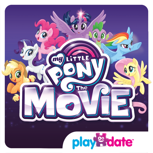 Size: 512x512 | Tagged: safe, derpibooru import, official, applejack, fluttershy, pinkie pie, rainbow dash, rarity, spike, twilight sparkle, twilight sparkle (alicorn), alicorn, dragon, earth pony, pegasus, pony, unicorn, my little pony: the movie, app icon, applejack's hat, cowboy hat, female, flying, g4, hat, horn, image, looking at you, male, mane seven, mane six, mare, my little pony logo, my little pony: the movie (app), open mouth, open smile, playdate digital, png, smiling, spread wings, wings
