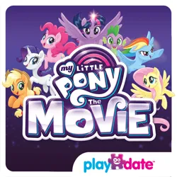 Size: 512x512 | Tagged: safe, derpibooru import, official, applejack, fluttershy, pinkie pie, rainbow dash, rarity, spike, twilight sparkle, twilight sparkle (alicorn), alicorn, dragon, earth pony, pegasus, pony, unicorn, my little pony: the movie, app icon, applejack's hat, cowboy hat, female, flying, g4, hat, horn, image, looking at you, male, mane seven, mane six, mare, my little pony logo, my little pony: the movie (app), open mouth, open smile, playdate digital, png, smiling, spread wings, wings