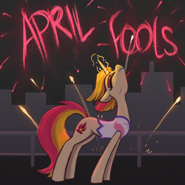Size: 3000x3000 | Tagged: safe, artist:t72b, derpibooru import, fire flare, pony, unicorn, art pack:flare mares, april fools, april fools 2024, april fools joke, blouse, city, eyes closed, female, fireworks, horn, image, magic, makeup, mare, png, railing, slender, sternocleidomastoid, thin